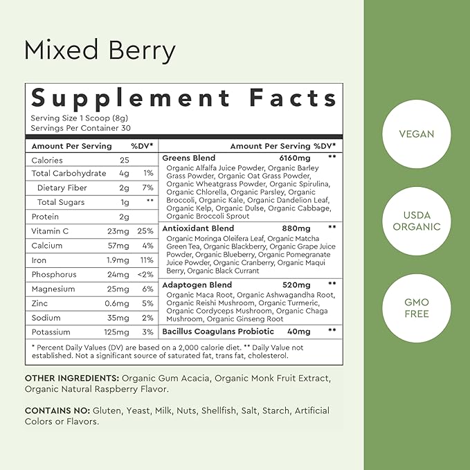 Alaya Organic Super Greens Powder – Superfood Blend with Spirulina Chlorella Probiotics Digestive Enzymes Adaptogens &amp Fiber – Vegan USDA Organic Non-GMO 30 Servings Mixed Berry