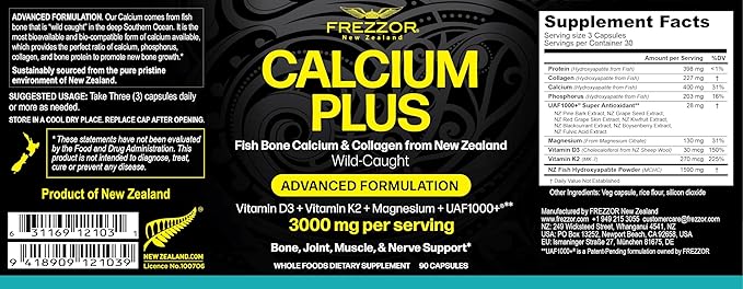 FREZZOR Calcium Plus with UAF1000+ New Zealand Natural Raw Calcium Supplement for Bones Teeth Gut Health &amp Cardiovascular Support Phosphorus Magnesium Collagen Selenium 90 Capsules 1 Bot