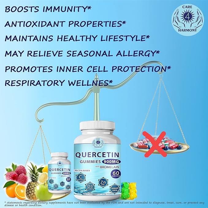 Quercetin Gummies - Quercetin with Bromelain Vitamin C + Zinc Vitamin D3 – Chewable Quercetin 900mg Supplements - Quercetin for Kids and Adults (5)