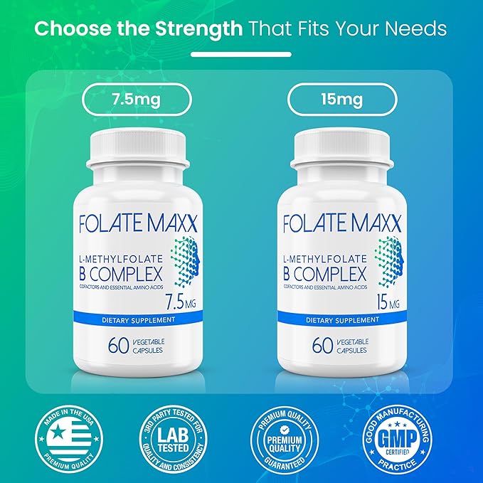 L Methylfolate 7.5mg with Active Vitamin B Complex – 60 Capsules – High Potency 5-MTHF with B6 Blend and Methyl B12 Supplement – 3-in-1 Non-GMO Gluten Free (2-Month Supply)