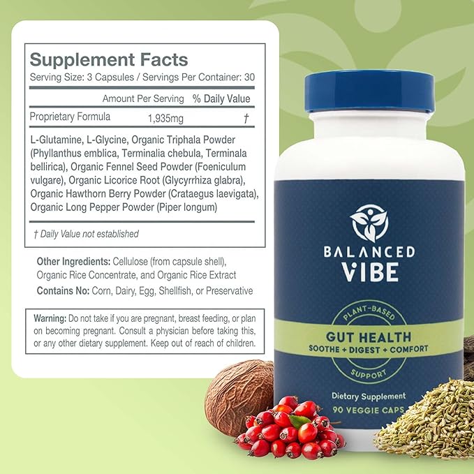 Balanced Vibe Gut Health Supplement – Digestive Comfort &amp Gut Support for Better Nutrient Absorption – Plant-Based with L-Glutamine and Triphala – Vegan 90 Capsules