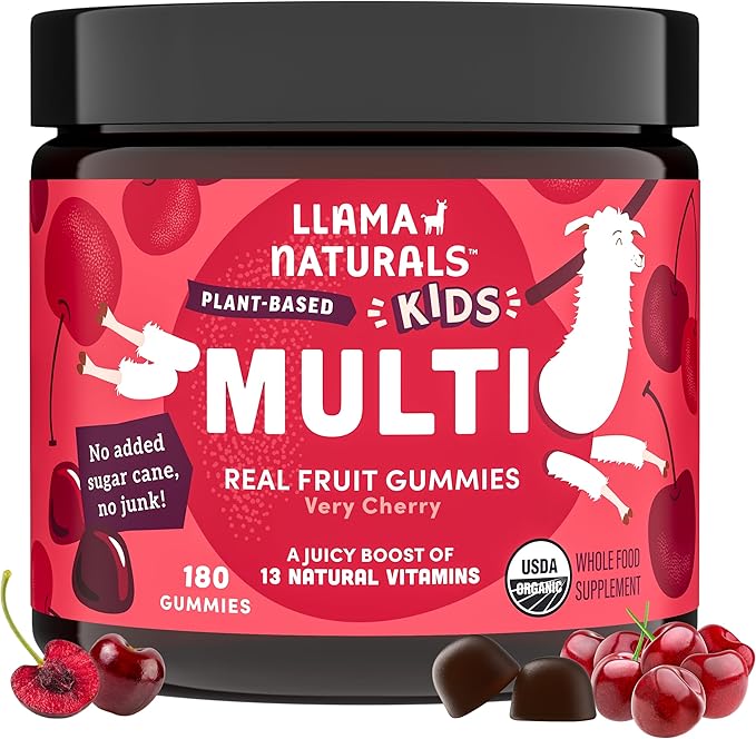 Llama Naturals Kids Multivitamin Gummies | Real Fruit No Added Sugar Cane | Organic Vegan Toddler Whole Food Vitamins | Vitamin D C &amp Beta Carotene Gummy Supplement | Cherry 180 Ct (2-3 Months)