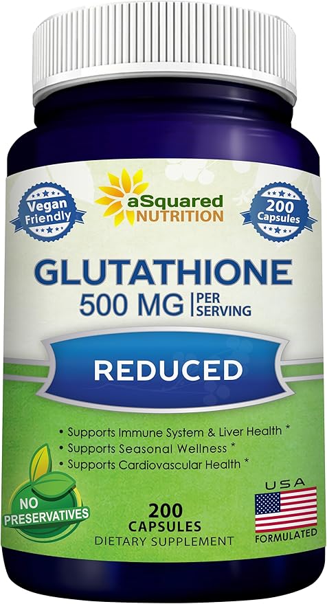 aSquared Nutrition Reduced Glutathione 500mg Per Serving Supplement -200 Capsules -L-Glutathione Antioxidant to Support Liver Health &amp Detox - Max Strength Powder Pills to Help Immune &amp Brain