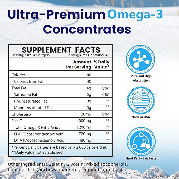 Fish Oil Omega 3 （4000mg） 180 SoftgelsOmega 3 Fatty Acid Supplements with EPA &amp DHA for Brain &amp Heart Health*