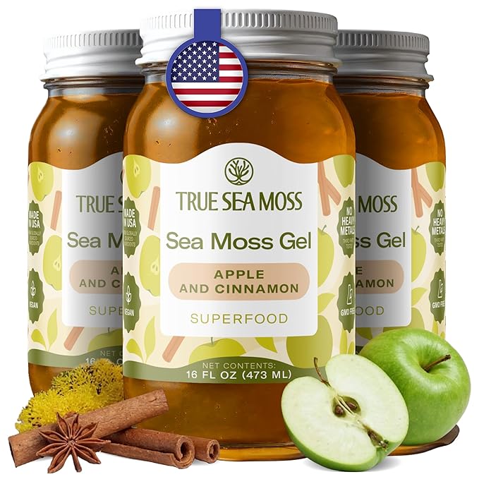 TrueSeaMoss Sea Moss Gel – Made in USA – Wildcrafted Seamoss Fruits &amp Jarred Vegetables – Apple/Cinnamon Pack of 3 (Labels may Vary)