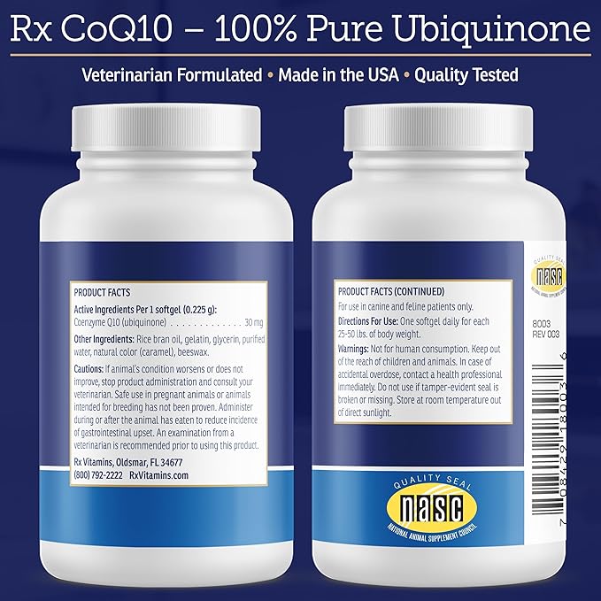 Rx Vitamins CoQ1030 - Coenzyme Q10 for Dogs &amp Cats - 100% Pure Ubiquinone Cat &amp Dog Heart Supplements - Promotes Cardiovascular Function and Antioxidant Support - 30 softgels