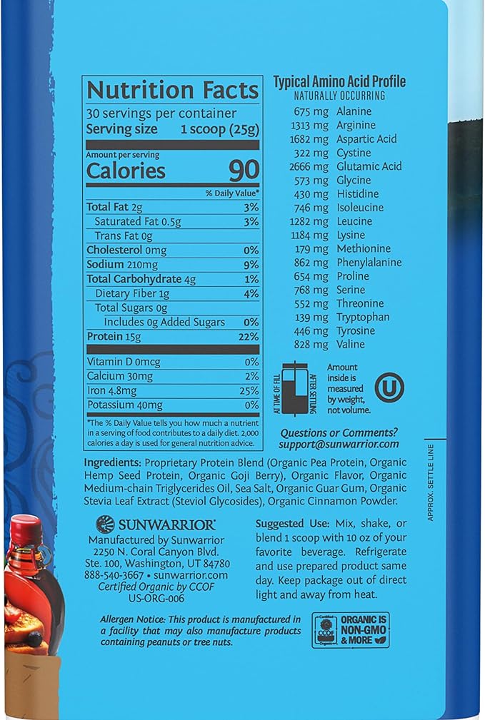 Sunwarrior Organic Plant Based Protein Powder | Vegan Organic Protein Powder Maple Flavored with BCAA Amino Acids &amp Hemp Seed Pea Blend | Non-GMO Soy Dairy Filler &amp Gluten Free (Maple 30 Serv