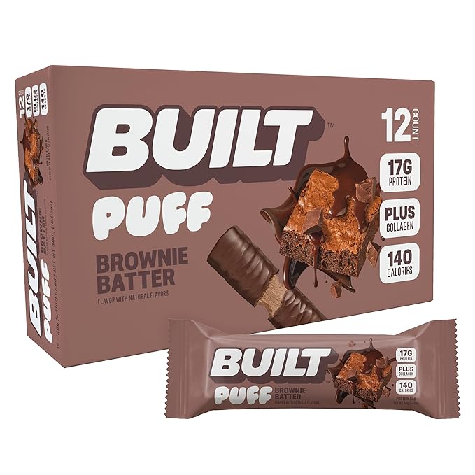 BUILT Bar Puff Protein Bars - Brownie Batter - 17g Protein Snack Bars with Collagen - Calorie Conscious &amp Gluten Free - 12 Count