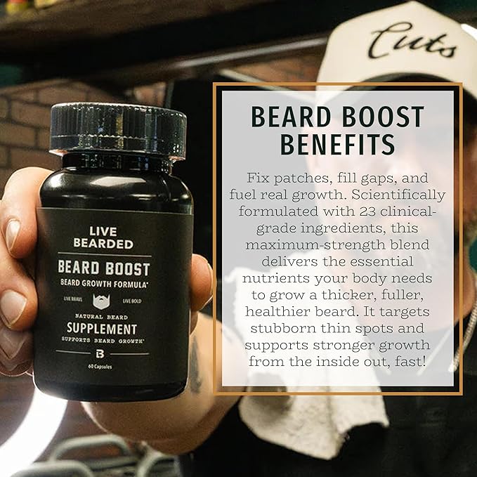 Live Bearded Beard Boost - Beard Growth Vitamins for Men with Biotin Collagen Silica Fo-Ti Root - Facial Hair Growth for Men Made in the USA | 30-Day Supply