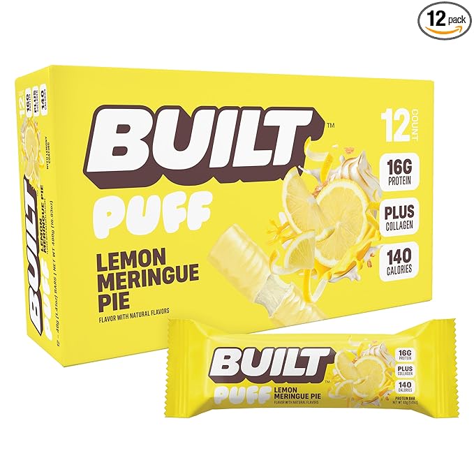 BUILT Bar Puff Protein Bars - Lemon Meringue Pie - 16g Protein Snack Bars with Collagen - Calorie Conscious &amp Gluten Free - 12 Count