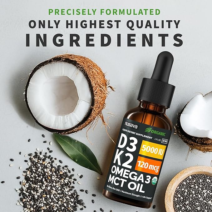 (4 Pack) Organic Vitamin D3 K2 Drops with MCT Oil Omega 3 5000 IU - Maximum Strength Vitamin D Liquid No Fillers Non-GMO Liquid D3 for Faster Absorption and Immune Support Unflavored 4 Fl Oz