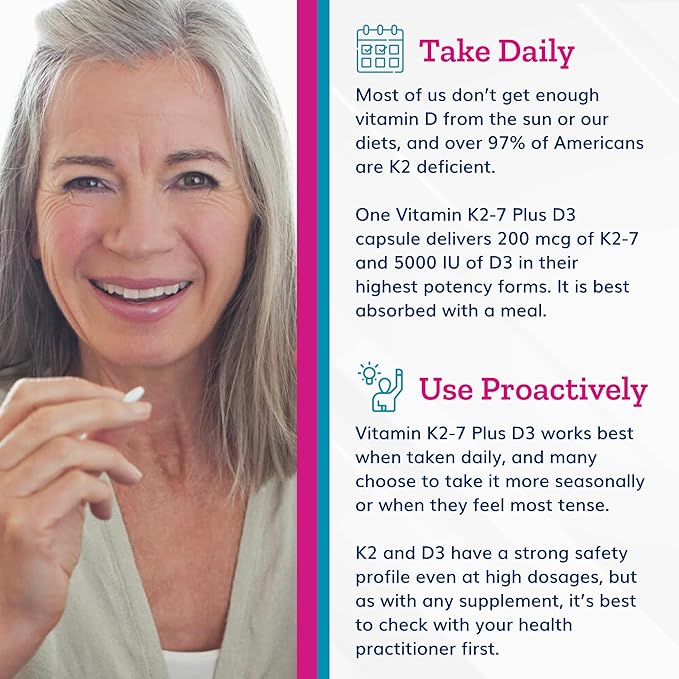 Just Thrive Vitamin K2-7 Plus D3 - Immune Heart and Bone Health Supplement 60 Vegetable Capsules