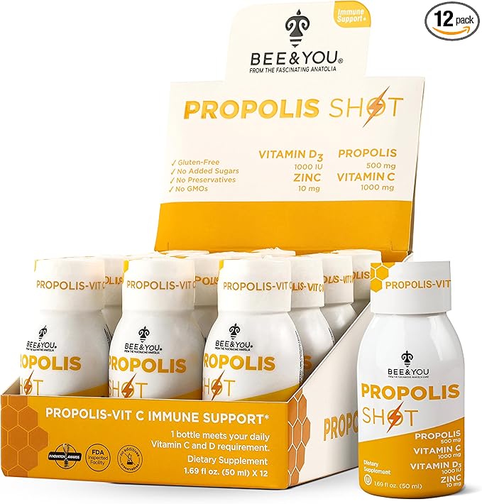 BEE and You Immune Support 100% Natural Propolis Shot Supplement Antioxidants Vitamin C VIT D3 Zinc Orange Juice Raw Honey 1.69 fl. oz x 12 Bottles