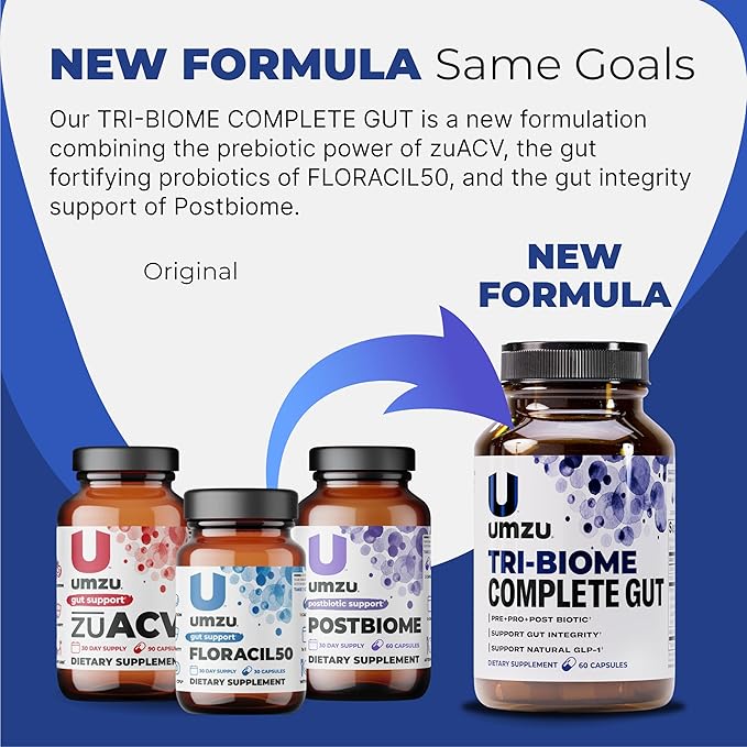 UMZU Tri-Biome Complete (30 Day Supply) – 3 in 1 Probiotic Prebiotic Postbiotic Capsules with Akkermansia and CoreBiome – Probiotic for Adults Gut Balance Stomach Probiotics and Complete Gut Health