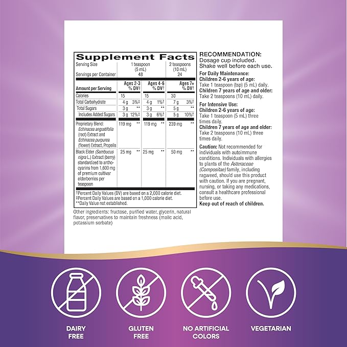 Nature's Way Sambucus Elderberry Immune Syrup for Kids Ages 2+Echinacea &amp Propoliswith Superfood Antioxidants(1)Immune Support Syrup*VegetarianBerry Flavored8 Fl Oz(Pack of 2)