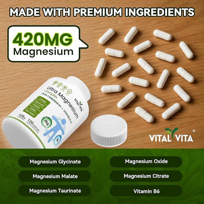 (420mg) Ultra Magnesium Complex 5-in-1 Magnesium Plus Vitamin B-6 Supplement for Nerve Heart Muscle Health &amp Relaxation* Maximum Bioavailability &amp Absorption Gluten Free 120 Capsules
