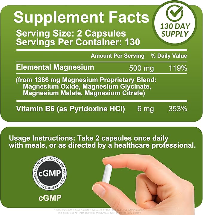 Magnesium Glycinate Complex Supplements 260 Capsules (130 Servings) | 500mg Magnesium Glycinate Citrate Malate &amp Oxide | High Absorption Vegan Gluten Free Easy to Swallow 260 Count (Pack of