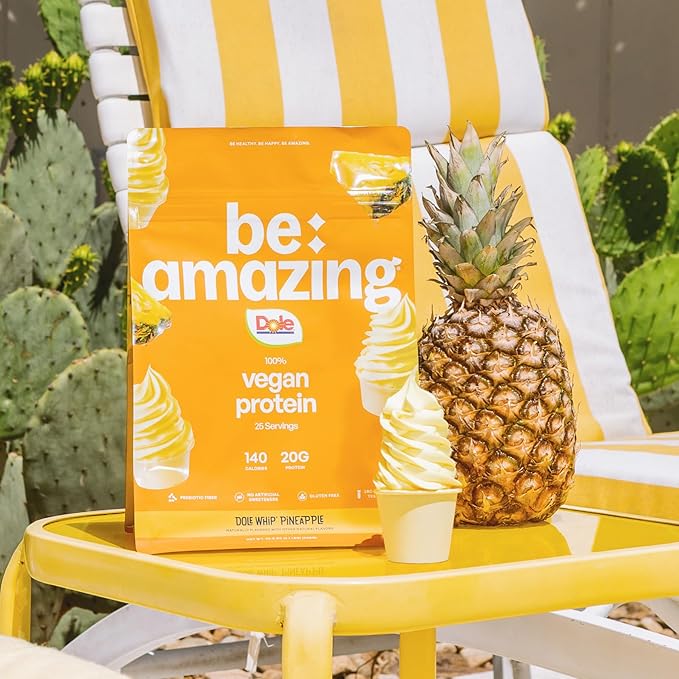 BE AMAZING Vegan Protein Powder Dole Whip Pineapple 20g Plant Based Protein with Prebiotic Fiber Low Carb Dairy and Gluten Free Shake Mix No Added Sugar 29.3 oz 25 Servings
