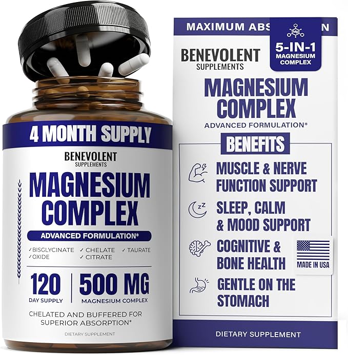 Magnesium Complex Supplement 4 Month Supply of 500mg 5-in-1 Bisglycinate Oxide Taurate Aspartate Citrate Max Absorption Magnesium Supplement for Calm Sleep &amp Leg Cramps 120 Capsule