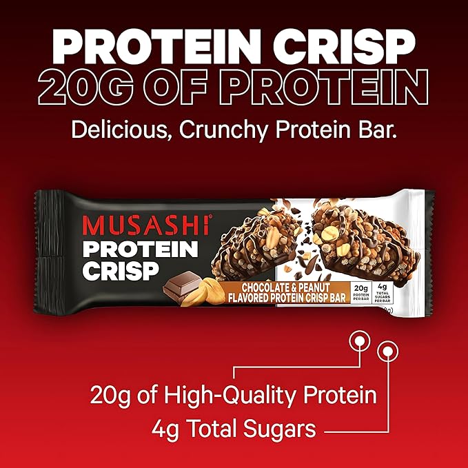 MUSASHI Protein Crisp Bar 20g Protein 4g Total Sugars Chocolate &amp Peanut Post Workout and Snack On The Go 12 Pack of 2.1oz (60g) Bars