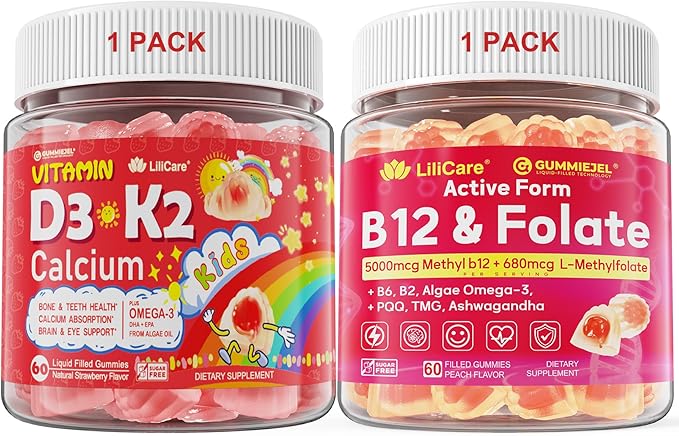 Bundle: Vitamin D3 K2 Gummies for Kids 1 Pack &amp Methyl B12 + L-Methylfolate Gummies 1 Pack