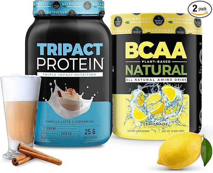 Nutrology Post Workout Bundle - Tripact Protein &amp BCAA Natural Powder - Non-GMO Enchance Recovery Boost Immune Health Super Foods and Probiotic Gluten Free