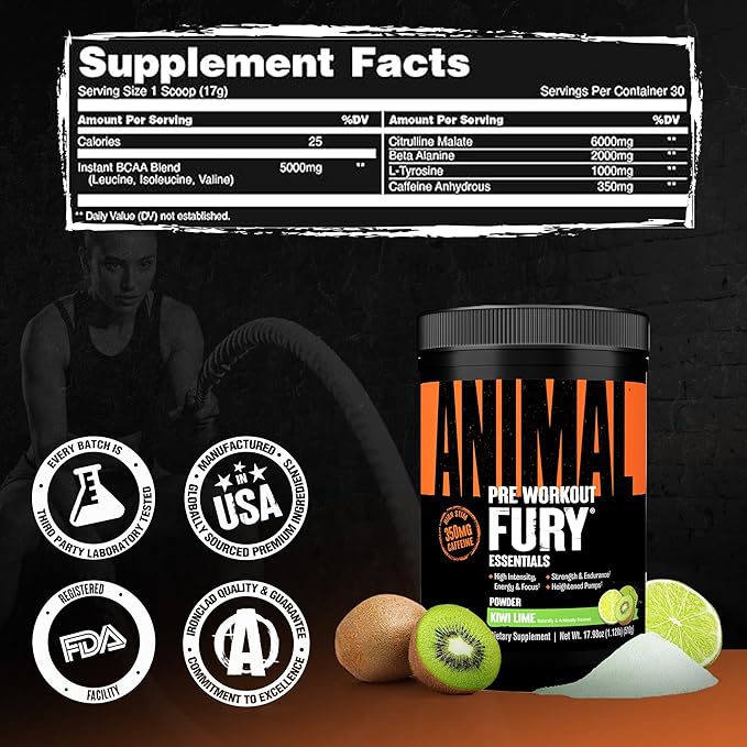 Animal Fury Pre Workout Powder - Kiwi Lime 350mg Caffeine BCAA Amino Acids 2g Beta Alanine Citrulline &amp Tyrosine Energy Focus Strength Endurance Preworkout for Men &amp Women 30 Serving