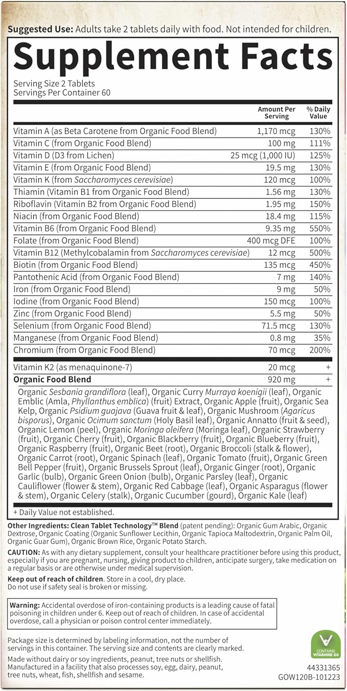 Garden of Life Organics Multivitamin for Women Womens Multi with Vitamin C D Folate B6 B12 Biotin Iron Vegan Whole Food Vitamins for Women Energy Skin Nails 120 Tablets