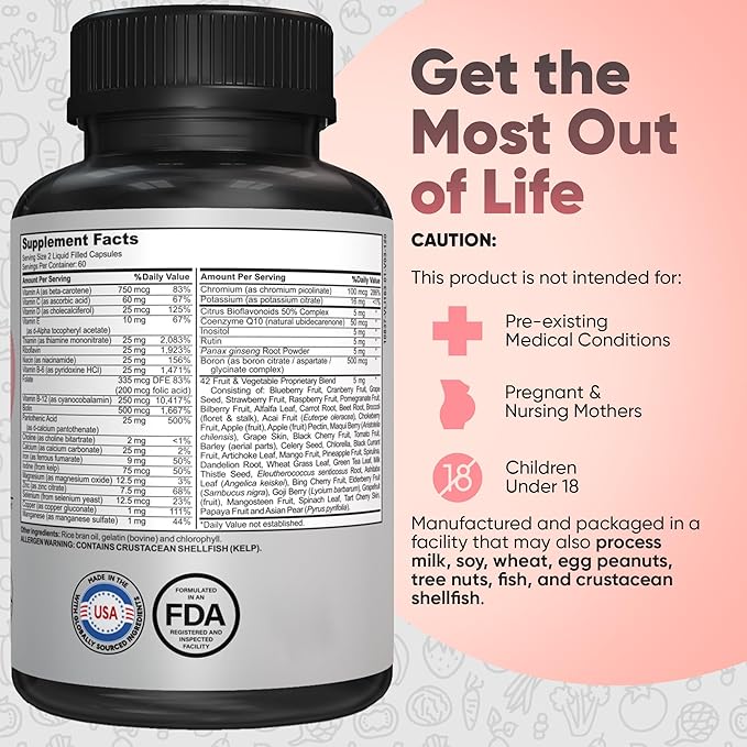 Bariatric Multivitamin with Iron - Easy-to-Swallow Capsule for Post Bariatric Surgery - Post Sleeve and Post Bypass with 42 Fruit &amp Veggies Blend - 60 + 120 Liquid Capsules