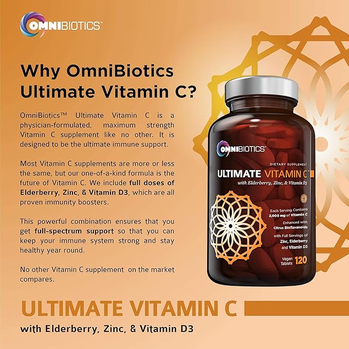 OmniBiotics Ultimate Vitamin C Supplement 2000mg – with Zinc Elderberry Extract and D3 – High Potency Immune Support &amp Collagen Booster – 120 Vegan Tablets