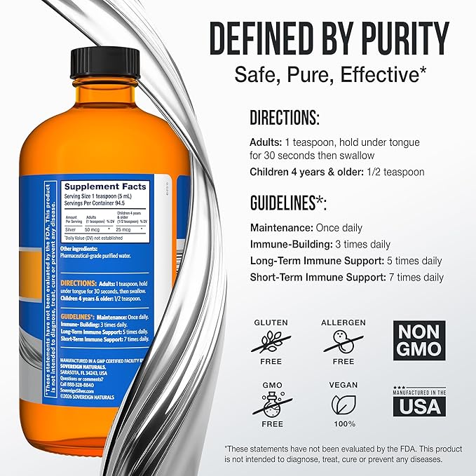 Sovereign Silver Bio-Active Silver Hydrosol for Immune Support - Colloidal Silver Liquid -10 ppm 16oz (473mL) - Value Size