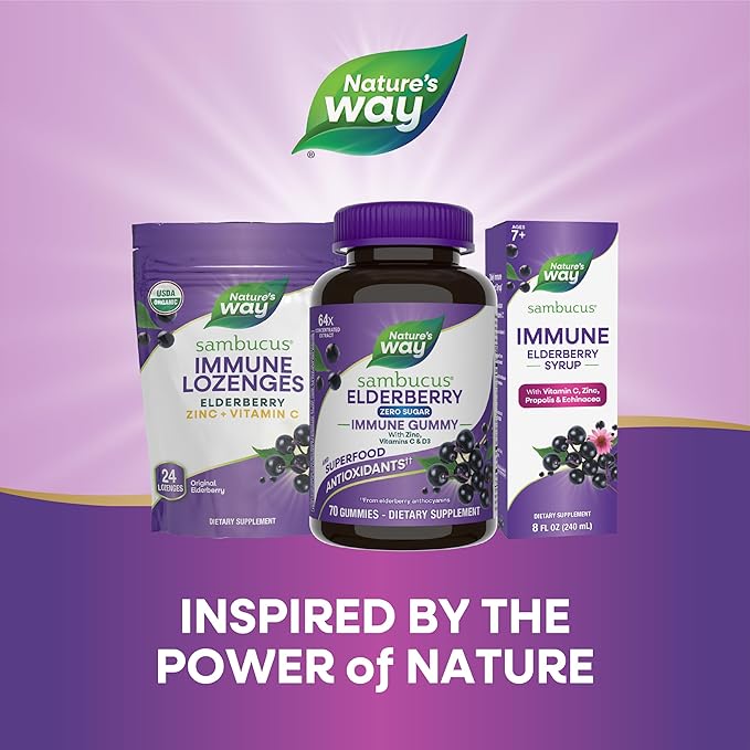 Nature’s Way Sambucus Zero Sugar Immune Gummies Daily Immune Support* Black Elderberry Extract Vitamin C Vitamin D3 Zinc Sugar Free Sugar Alcohol Free Plant-Based Sweeteners 70 Gummies