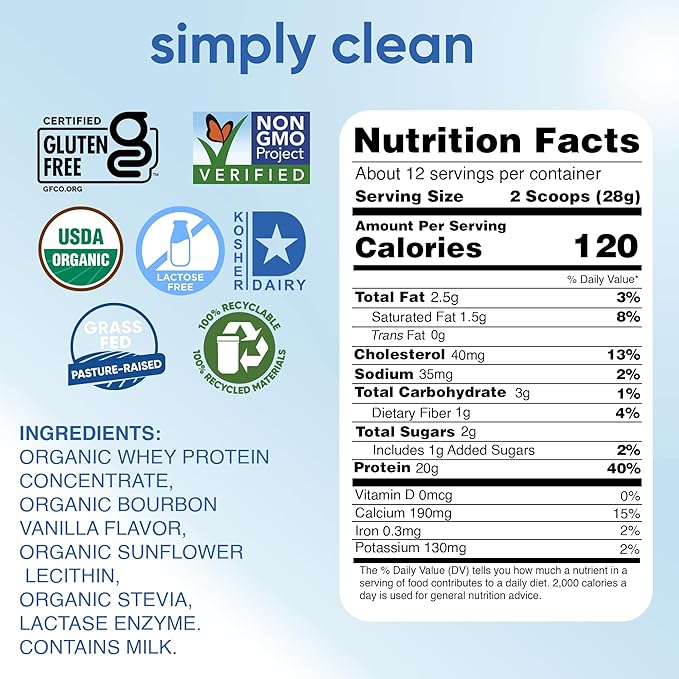 simply tera's Lactose Free Organic Whey Protein Powder - Lactose Free Vanilla 20g of Protein Per Serving Non-GMO Gluten-Free rBGH-Free Kosher - 12 Oz.