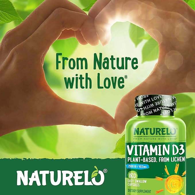 NATURELO Vitamin D - 2500 IU - Plant Based from Lichen - Natural D3 Supplement for Immune System Bone Support Joint Health - Vegan - Non-GMO - Gluten Free - 180 Capsules