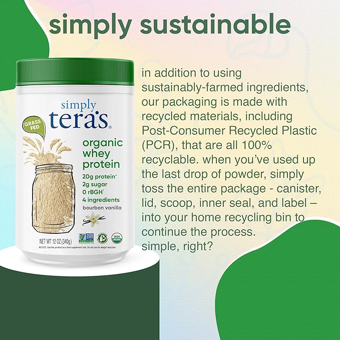simply tera's Organic Whey Protein Powder - Grass Fed Vanilla Whey Protein Powder Clean Made Without Artificial Sweeteners Non-GMO Kosher rBGH-Free Organic - 12 Oz