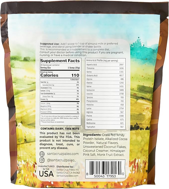 Santa Cruz Paleo Whey Protein Powder Coconut Cookie 20 G Grass Fed Whey Protein Isolate Per Serving Gluten Free Paleo &amp Keto Friendly No Sugar Added Protein Shake Mix 20 Servings 1.2 lb Ba