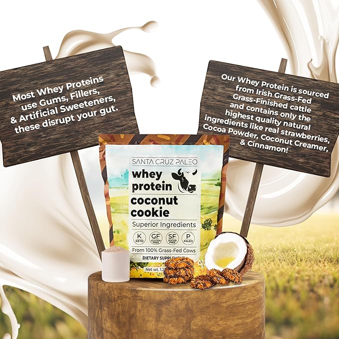 Santa Cruz Paleo Whey Protein Powder Coconut Cookie 20 G Grass Fed Whey Protein Isolate Per Serving Gluten Free Paleo &amp Keto Friendly No Sugar Added Protein Shake Mix 20 Servings 1.2 lb Ba