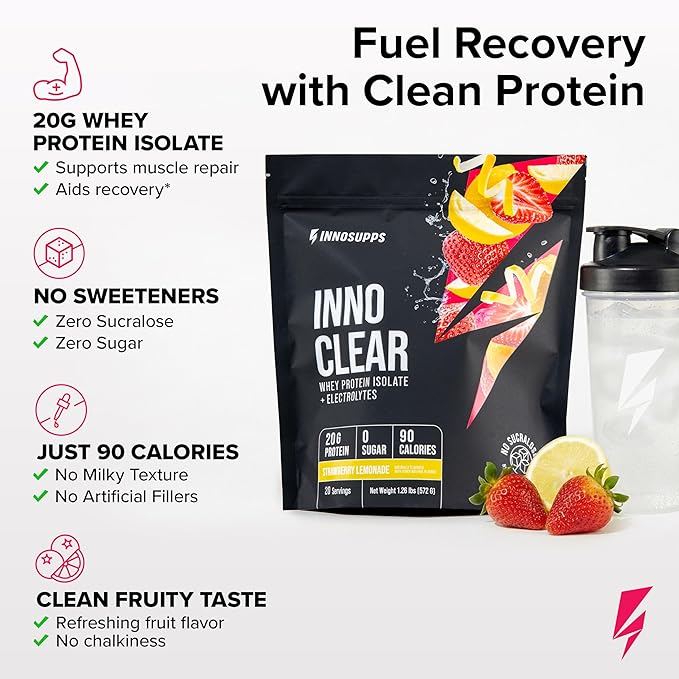 Inno Clear Whey Protein Powder - 20g Ultra-Filtered Clear Protein Powder Refreshing Taste &amp Texture Low Calorie Zero Sugar - for Training Workout Recovery &amp Daily Fitness (Strawberry Lemon