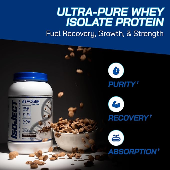 Evogen Isoject - Whey Protein Isolate | Ultra-Pure Whey Protein Powder with Ignitor Enzymes BCAAs and EAAs | Enhanced Absorption &amp Recovery | Mini Crisp Cookies | 25 Servings