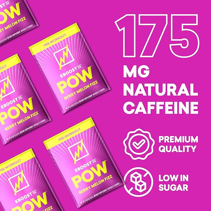 EBOOST POW Natural Pre Workout Powder - 15 Packets Berry Melon Fizz - Preworkout Energy Booster Gym Supplement Drink Mix for Men and Women - Performance Joint Mobility Support - Gluten-Free