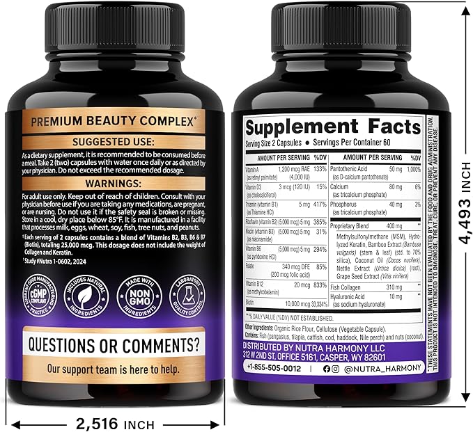 Biotin | Collagen | Hyaluronic Acid | Keratin - Clinically Tested Supplement - Hair Growth Support Skin &amp Nails - 25000 mcg Vitamins B2 B3 B6 &amp B7 + B1 - Made in USA - Women &amp Men | 120