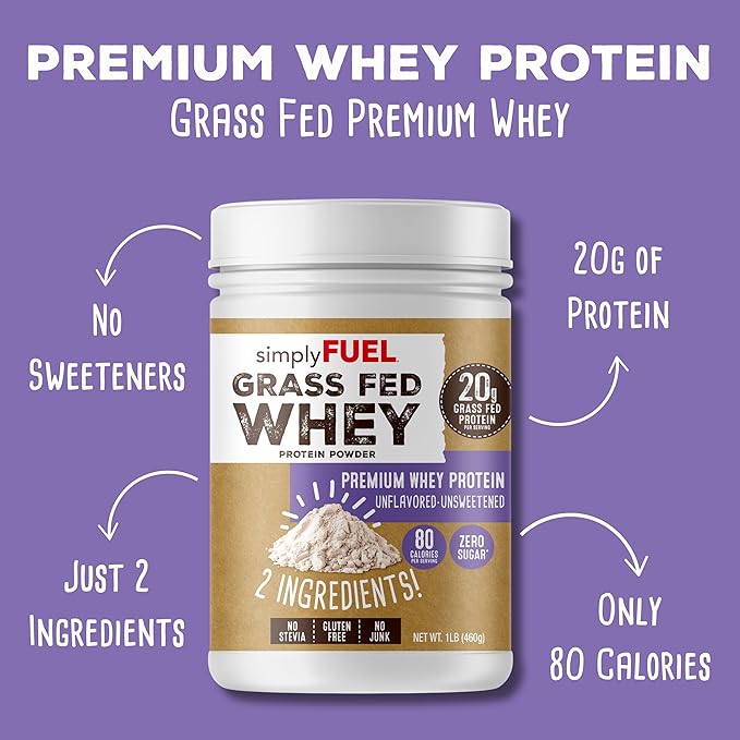 simplyFUEL 100% Grass-Fed Whey Protein Powder Unflavored Unsweetened Zero Sugar or Carbs Clean Gluten-Free Protein 20 g Protein per Serving 1 lb