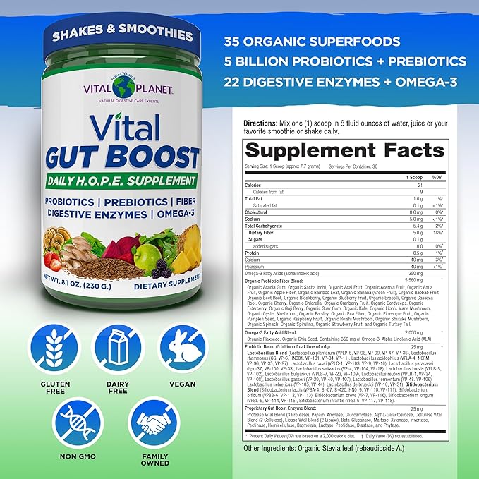 Vital Planet - Vital Gut Boost Powder by Brenda Watson PBS Gut Check Hope Supplement with Fiber 35 Omega 3 Oil Probiotics and Digestive Enzymes 8.1oz 230 Grams 30 Servings