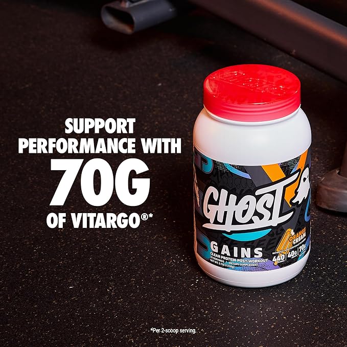 GHOST Clear Gains Mass Gainer Protein Powder - Post-Workout Weight Gainer Mix - 40g of Whey Protein Isolate 440 Calories &amp 70g Vitargo Carbs - Lean Muscle Building &amp Recovery - Orange Cream