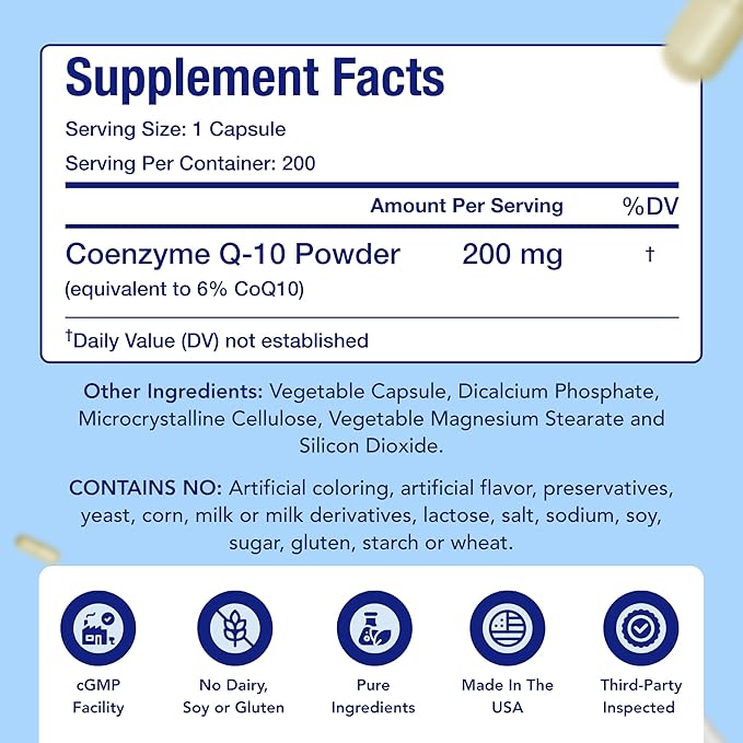 CoQ10 200mg Capsules | Vegan Friendly Coenzyme Q10 200mg from Easy Absorption Ubiquinone Supplement for Skin Heart and Energy Support | Made in The USA in cGMP Facilities (400 Servings)