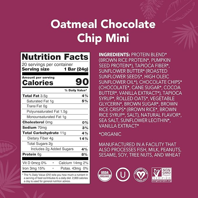 ALOHA Organic Plant Based Protein Bar MINIS | Oatmeal Chocolate Chip | GLP-1 Friendly 20 Count 24g Bars | Vegan Low Sugar Gluten Free Low Carb Non-GMO No Stevia No Soy No Sugar Alcohols
