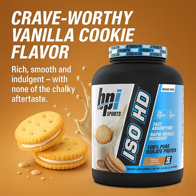 BPI Sports ISO HD Isolate Protein Powder – 100% Whey Isolate Protein Powder for Muscle Gain - Vanilla Cookie 4.8 LBS - 70 Servings