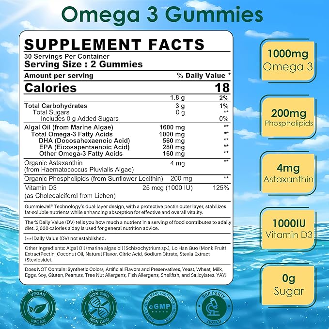 Vegan Omega 3 Gummies + Phospholipids Astaxanthin Vitamin D3 DHA 560mg &amp EPA 280mg Fish-Free Algae Omega 3 Supplement for Adults &amp Kids for Brain Eye Skin and Overall Health Sugar Free