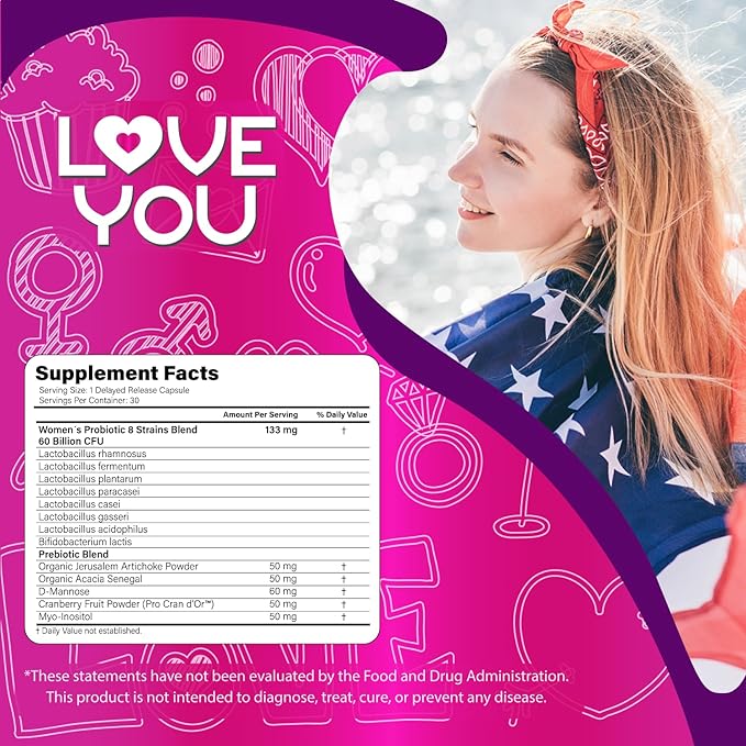 Love You Womens Probiotic Ph Balance Ut Feminine Vaginal Health Supplement Digestive Pre + Pro + Postbiotic Delayed Release 60 Billion Live CFU 8-Strain Probiotic Blend 30 Veg Caps Servings