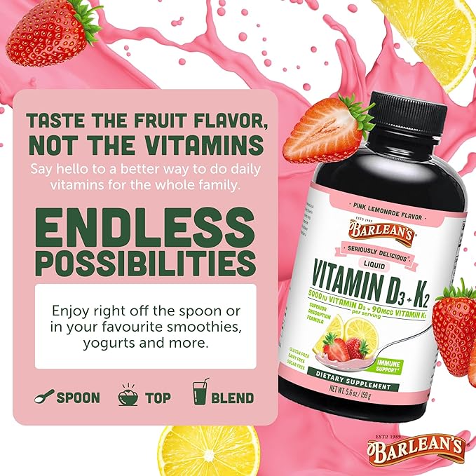 Barlean's Pack of 2 Vitamin D3+K2 Liquid Supplement for Kids and Adults 5000 IU Vitamin D Pink Lemonade Non-GMO Gluten and Dairy Free 5.6 oz Each